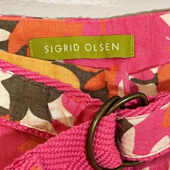 Sigrid Olsen Cropped Belted Wide Leg Linen Pants Pink Orange Floral Size 8 - Picture 4 of 10
